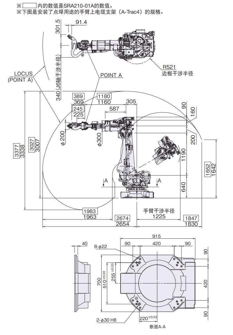SRA166/210-01A系列 外形尺寸及動(dòng)作范圍
